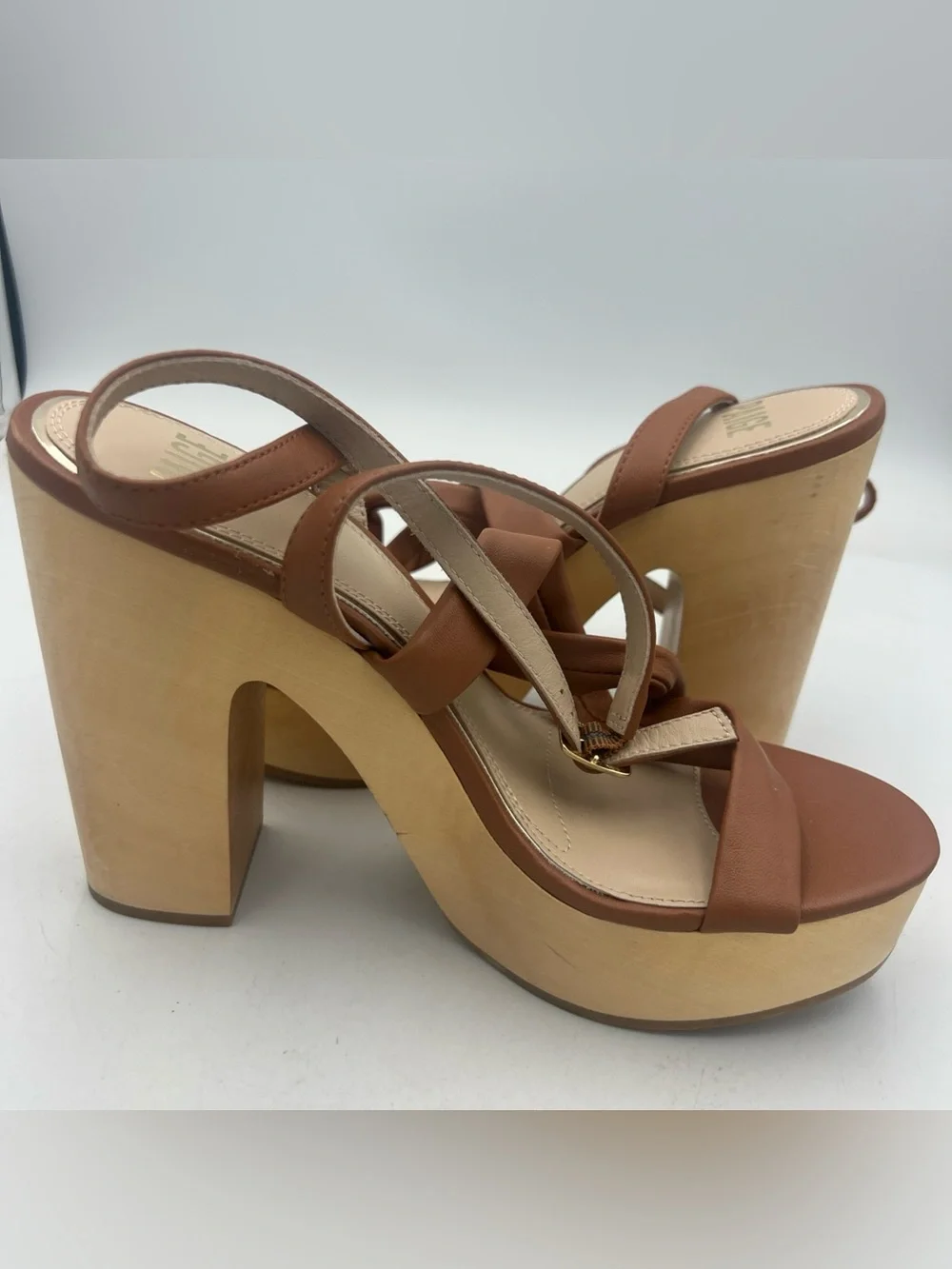 PAIGE Cayden Leather Ankle Strap Platform Sandal Woodgrain Block Heel Size 9 NEW